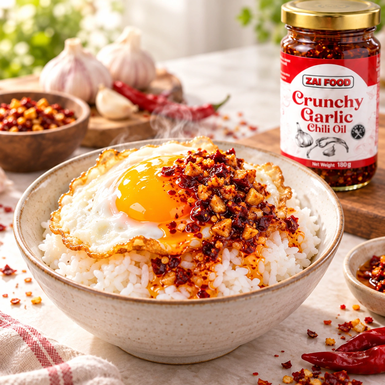 Nasi panas dan telur mata dengan Chili Oil Zai Food