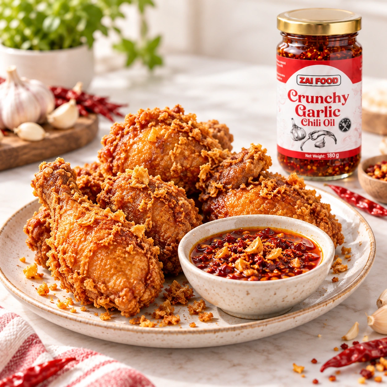 Ayam goreng bersama pencicah Chili Oil Zai Food